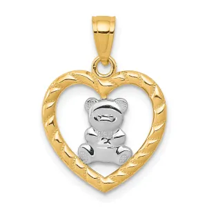 10K Gold Teddy Bear Heart Charm with Rhodium Accents  Polished Finish