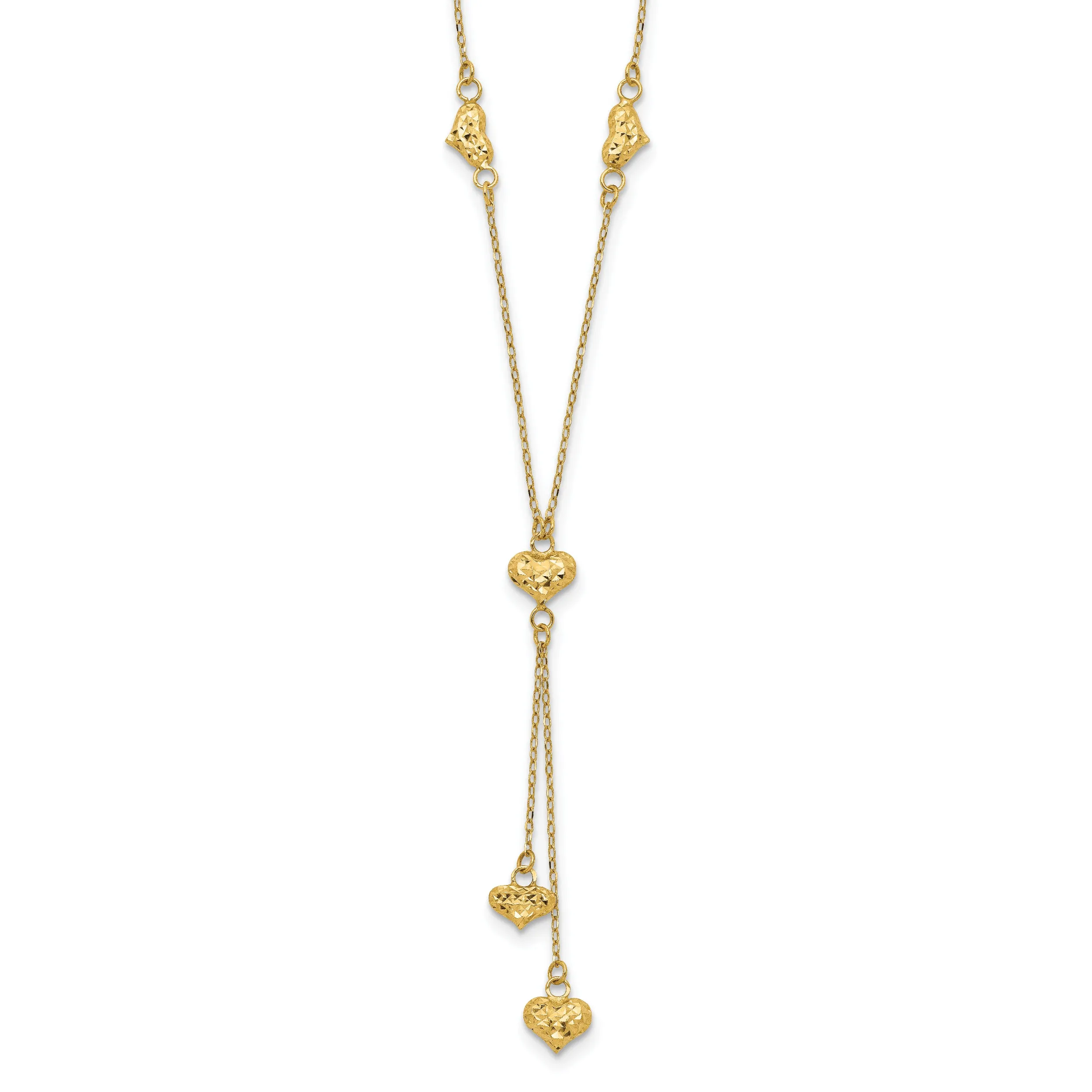 14K Gold Polished Diamond-Cut Puffed Heart Y-Necklace for Women