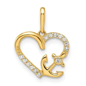14k Yellow Gold Polished Finish Open Back Women's Cubic Zirconia Stones Heart with Anchor Design Charm Pendant