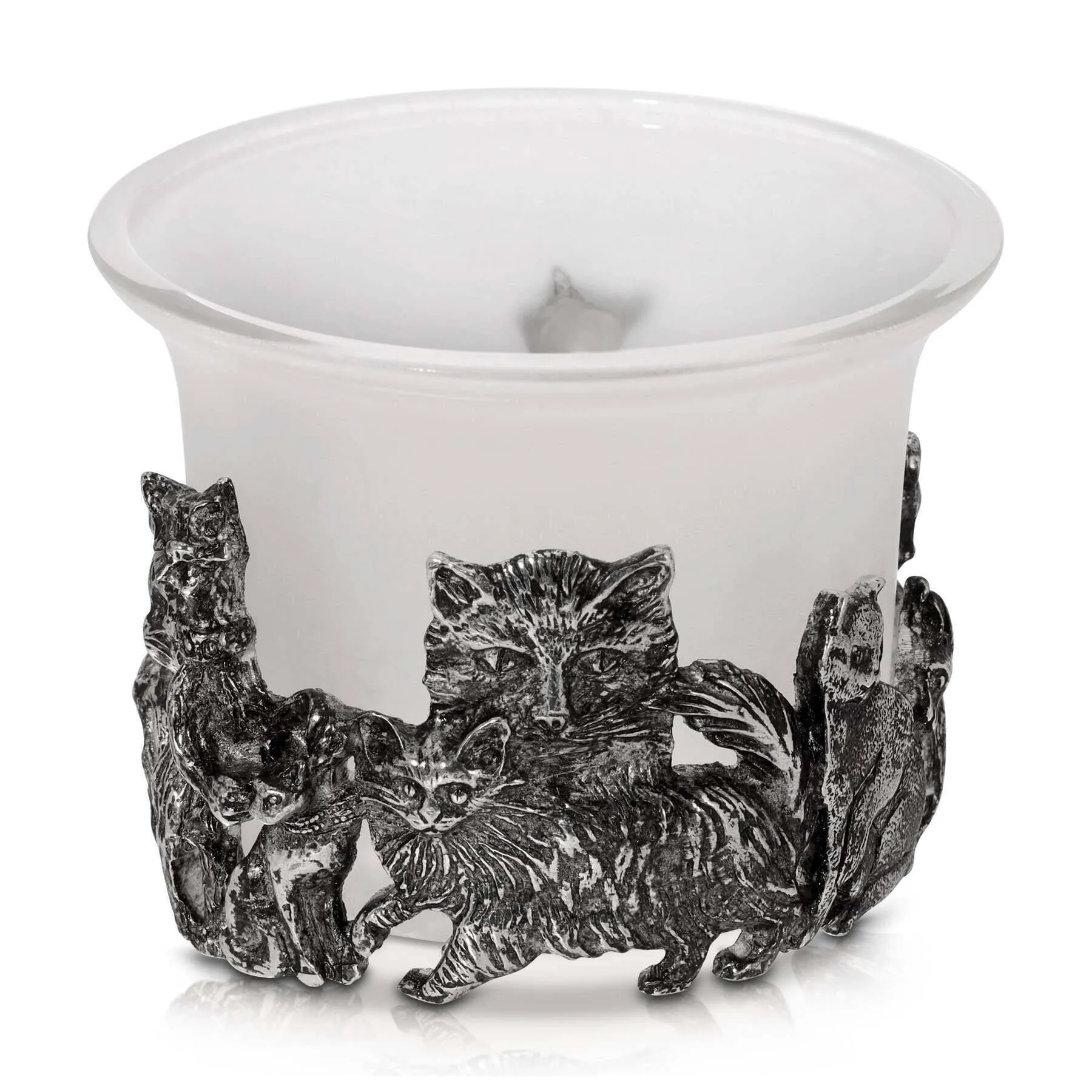 1928 Jewelry Antiqued Cats White Frosted Glass Candle Holder With Tea Light LED