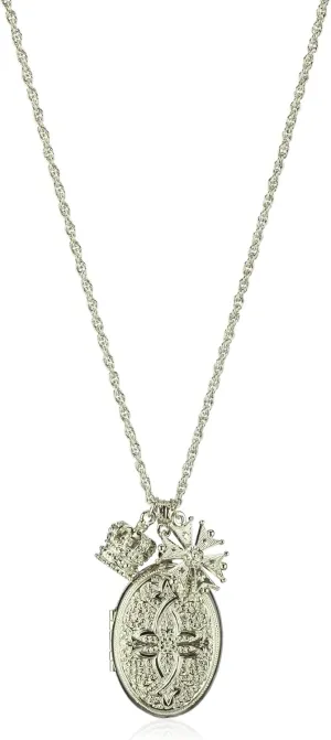 1928 Jewelry Crown & Cross Charm Oval Picture Locket Pendant Necklace For Women 34", Ladies Vintage Style Photo Keepsake, Made In USA