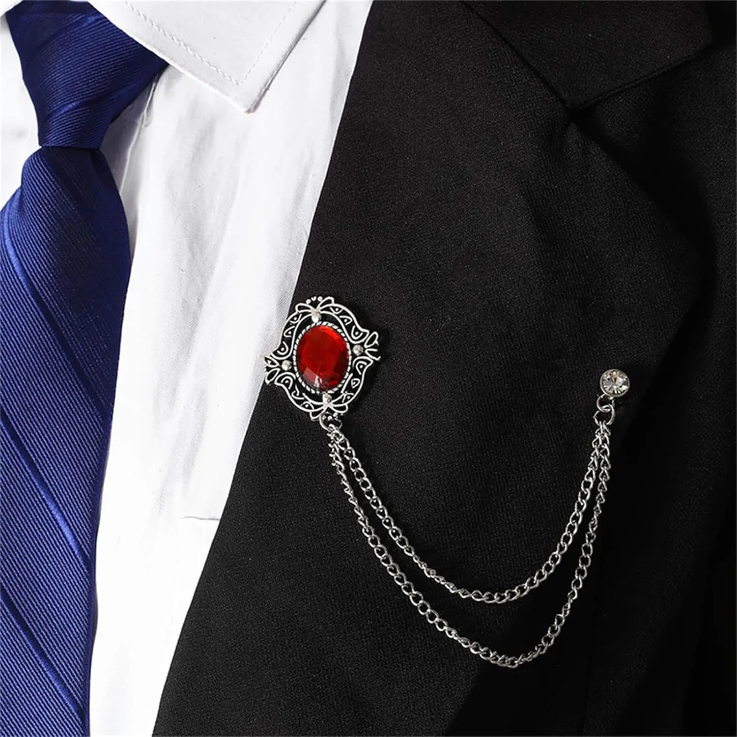 2PCS Gem Brooch Lapel Pin Chain for Men Antique Baroque Crystal Brooches for Shirts Badge Hanging Chains Tuxedo Accessories for Boyfriend Father Birthday Holiday Gift