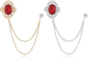 2PCS Gem Brooch Lapel Pin Chain for Men Antique Baroque Crystal Brooches for Shirts Badge Hanging Chains Tuxedo Accessories for Boyfriend Father Birthday Holiday Gift