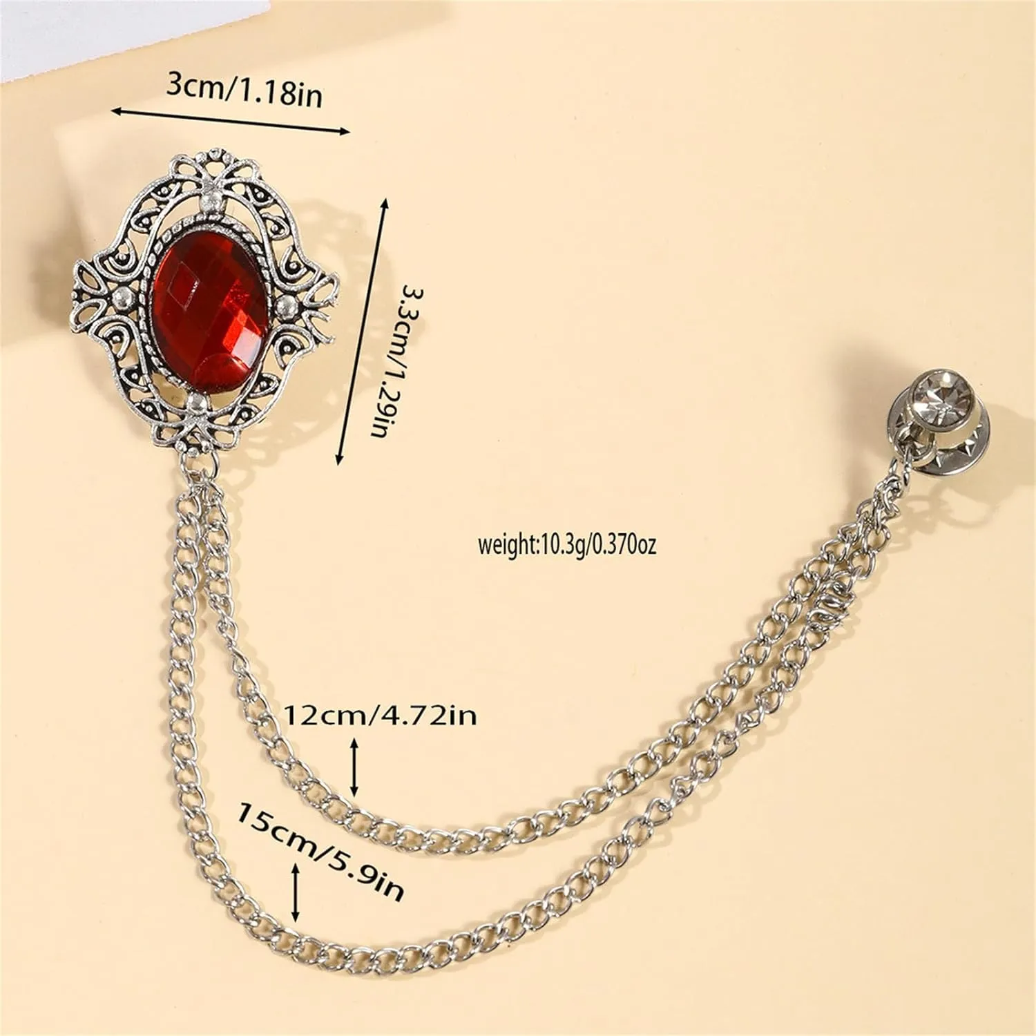 2PCS Gem Brooch Lapel Pin Chain for Men Antique Baroque Crystal Brooches for Shirts Badge Hanging Chains Tuxedo Accessories for Boyfriend Father Birthday Holiday Gift