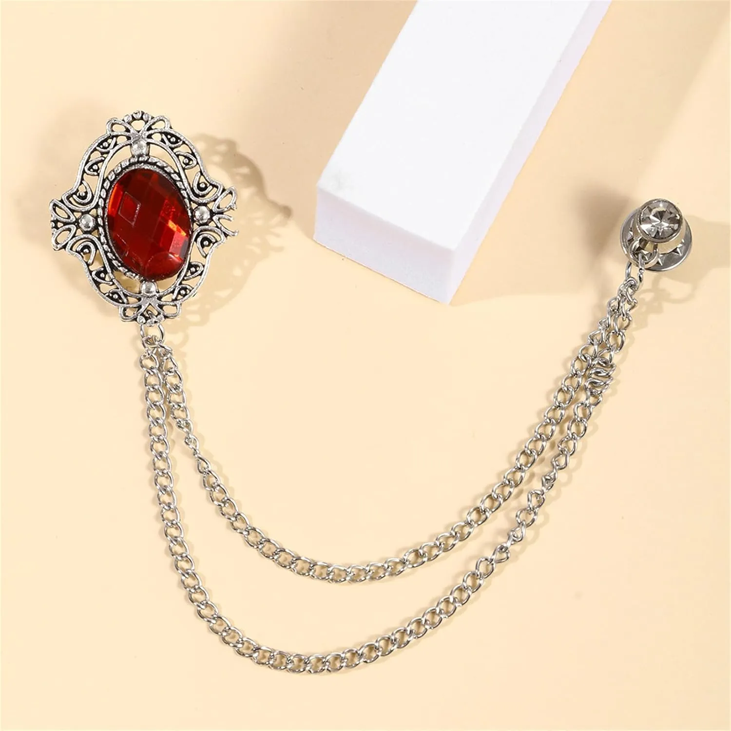 2PCS Gem Brooch Lapel Pin Chain for Men Antique Baroque Crystal Brooches for Shirts Badge Hanging Chains Tuxedo Accessories for Boyfriend Father Birthday Holiday Gift
