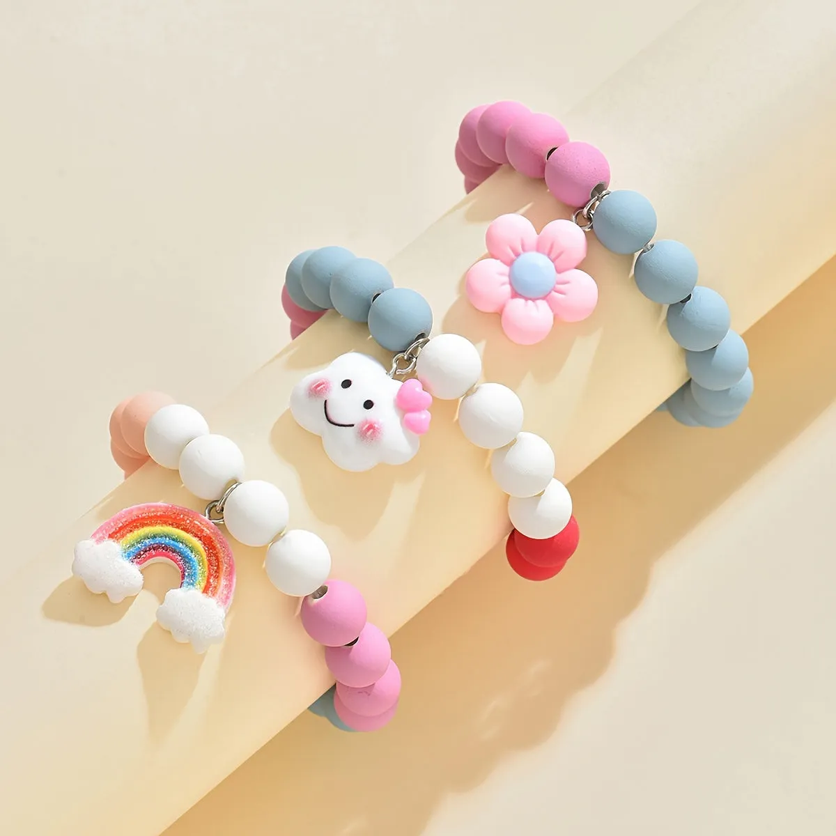 3pcs Cute Flower Cloud Rainbow Pendant Beaded Bracelet Set
