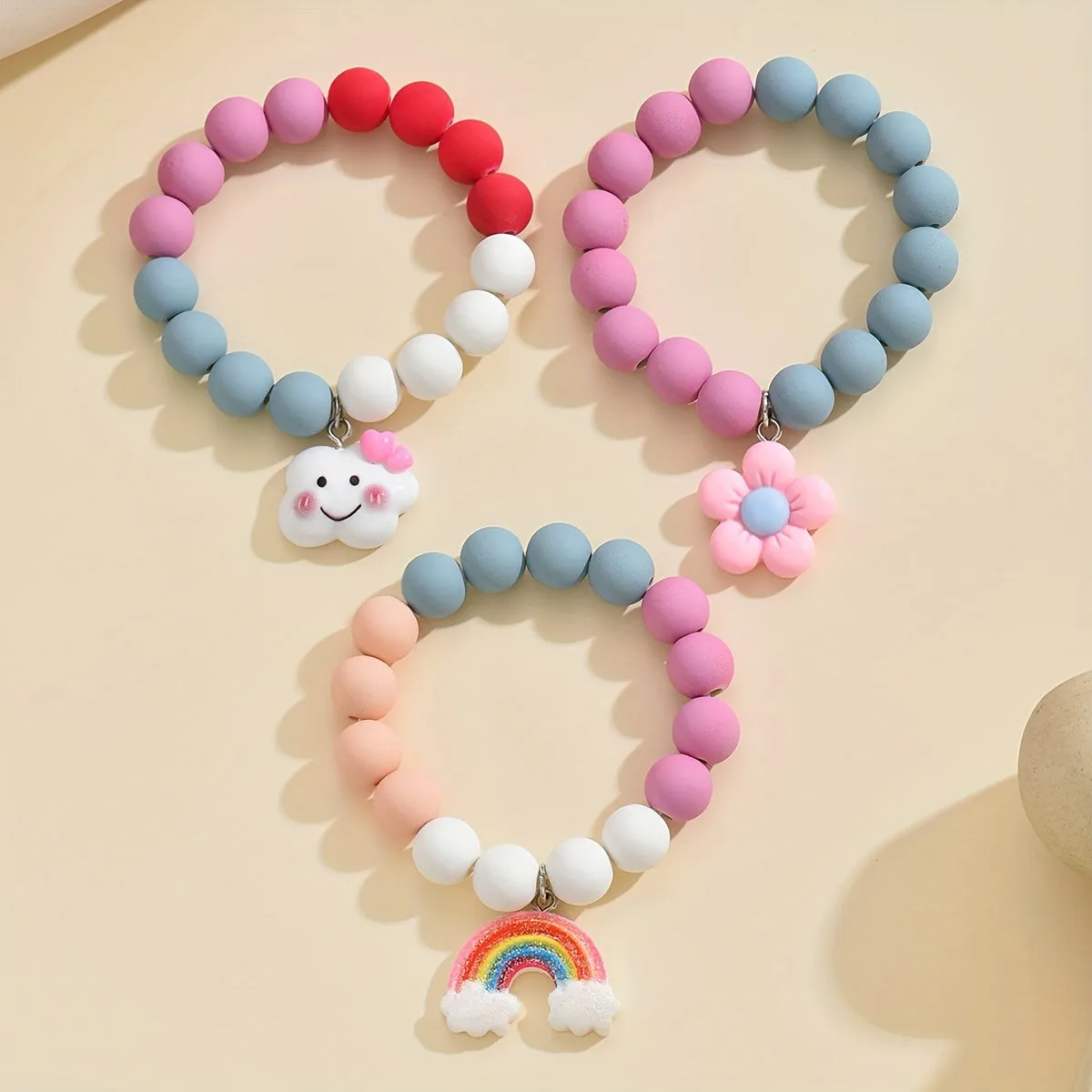 3pcs Cute Flower Cloud Rainbow Pendant Beaded Bracelet Set