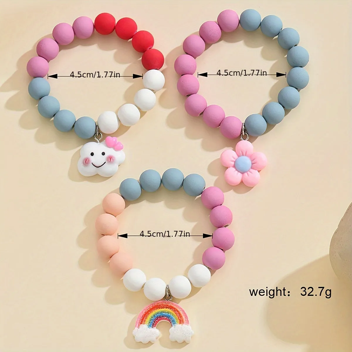 3pcs Cute Flower Cloud Rainbow Pendant Beaded Bracelet Set