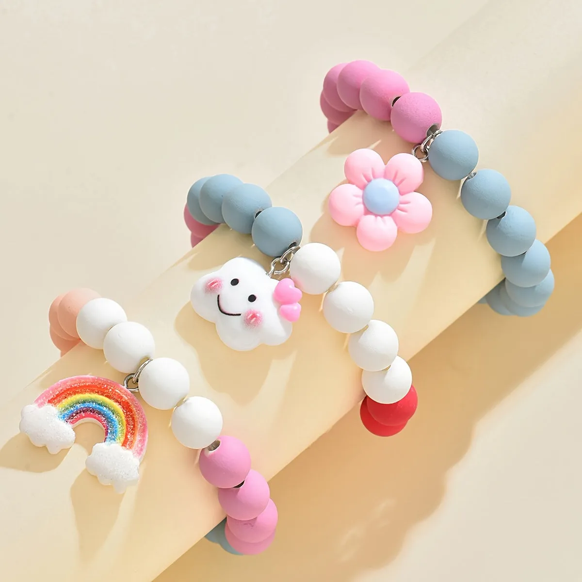 3pcs Cute Flower Cloud Rainbow Pendant Beaded Bracelet Set