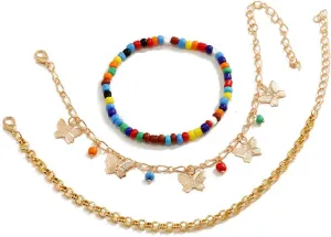 3pcs Gold Butterfly Bohemian Beaded Beach Anklet Set Multi-Layer Colored Rice Bead Floral Gravel Link Chain Stack Anklets for Women