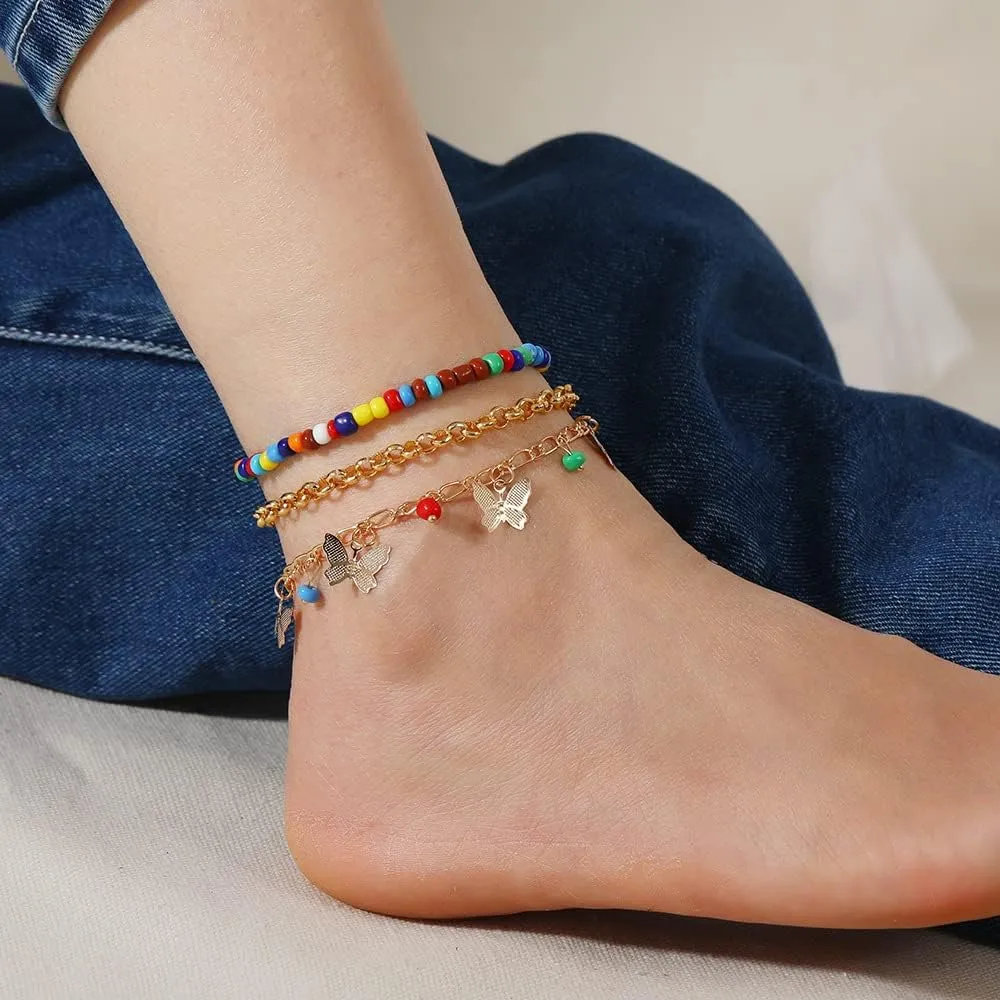 3pcs Gold Butterfly Bohemian Beaded Beach Anklet Set Multi-Layer Colored Rice Bead Floral Gravel Link Chain Stack Anklets for Women