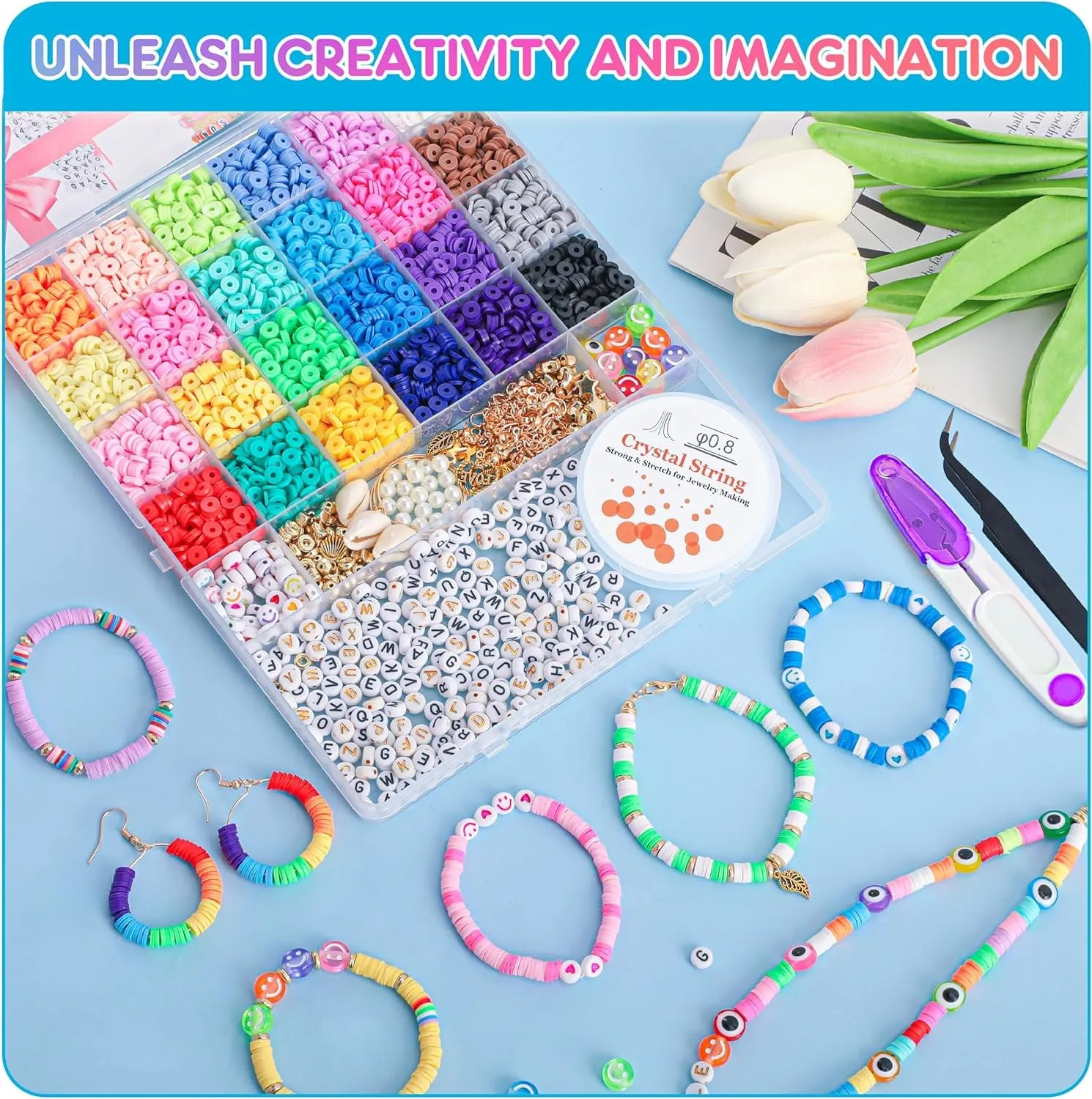 5800 PCS Clay Beads Bracelet Making Kit, 24 Colors Flat Preppy Beads for Friendship Jewelry Making, Polymer Heishi Beads with Charms DIY Arts and Crafts Birthday Gifts Toys for Teen Girls Age 6 