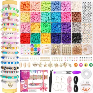 5800 PCS Clay Beads Bracelet Making Kit, 24 Colors Flat Preppy Beads for Friendship Jewelry Making, Polymer Heishi Beads with Charms DIY Arts and Crafts Birthday Gifts Toys for Teen Girls Age 6 