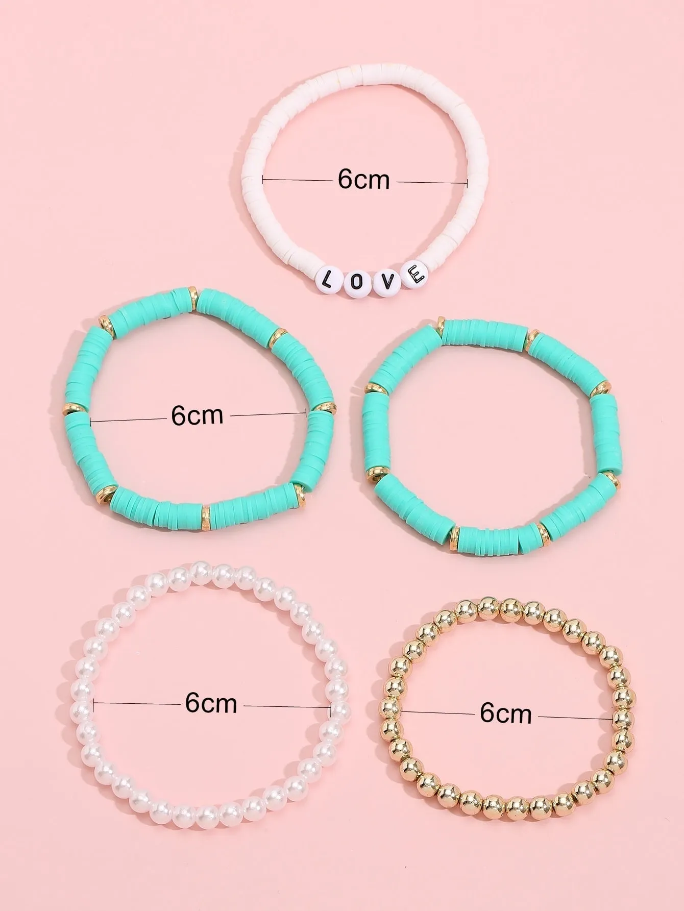 5pcs Faux Pearl Mint Blue LOVE Beaded Bracelet Women Bracelet Stackable Bracelet