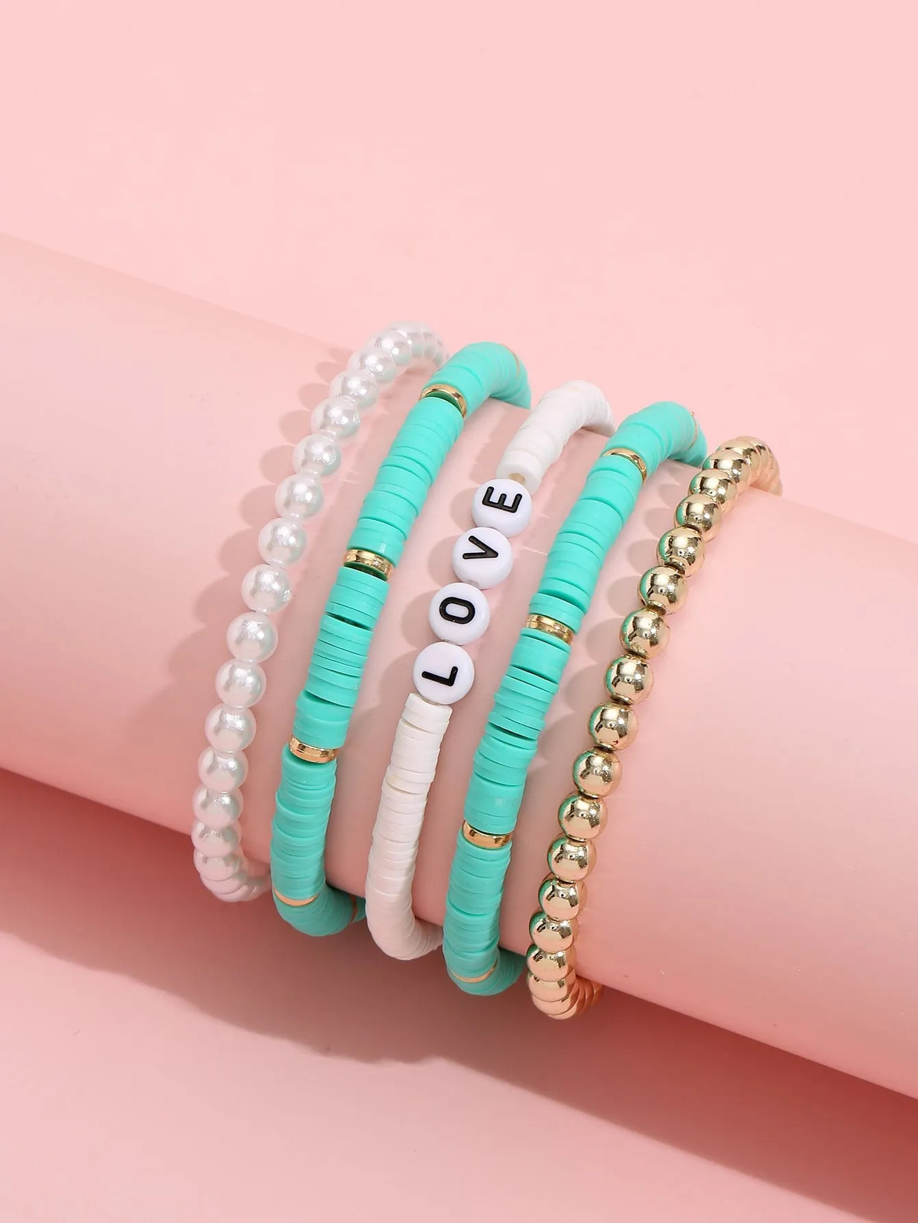 5pcs Faux Pearl Mint Blue LOVE Beaded Bracelet Women Bracelet Stackable Bracelet
