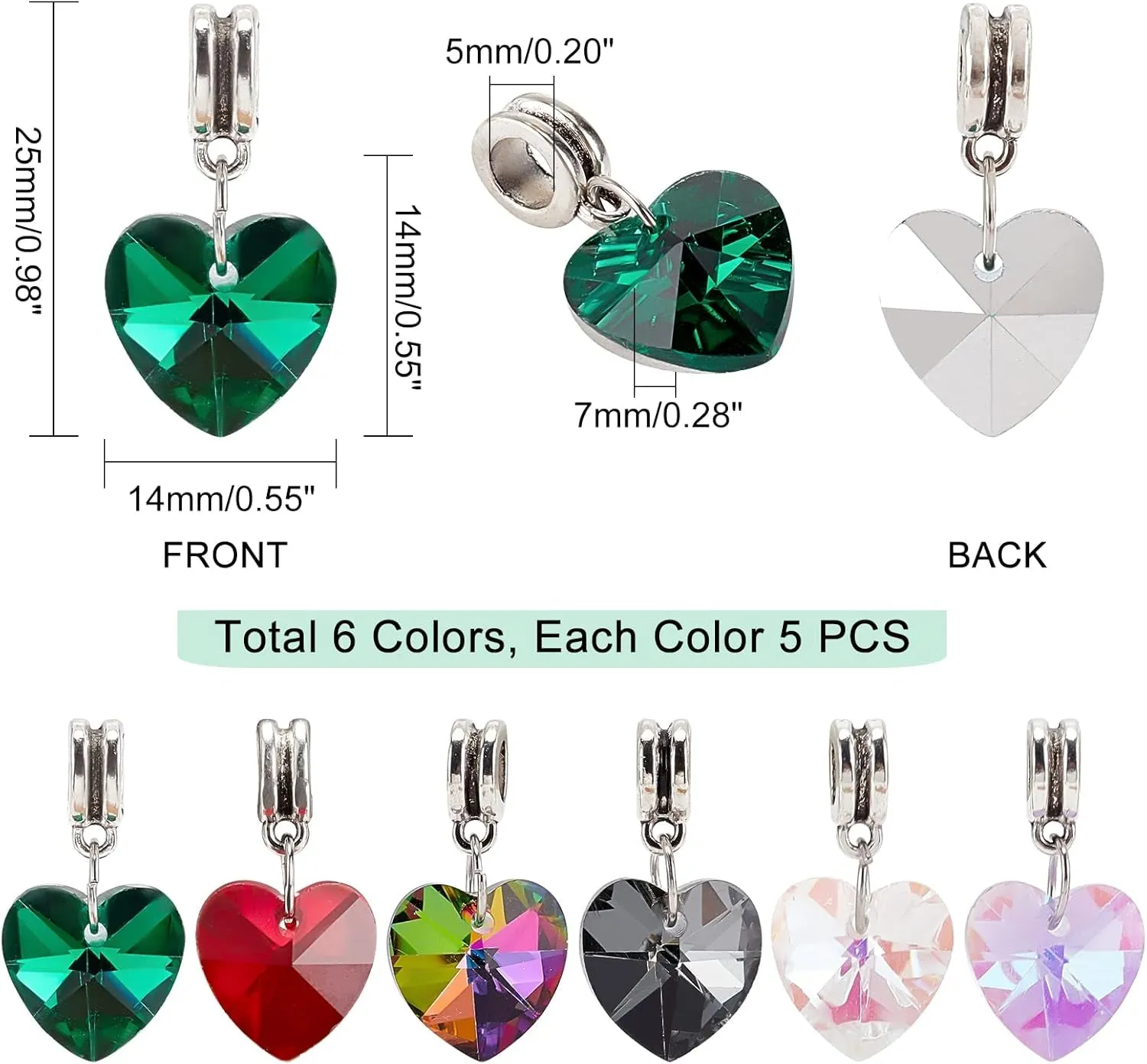 6 Colors Heart Glass Charms 30Pcs Faceted Heart Pendants Valentine Charms Crystal Dangle Charms with Bail Hanger Large Hole Beads for Wedding Mother Necklace Bracelets Making, Hole: 5Mm