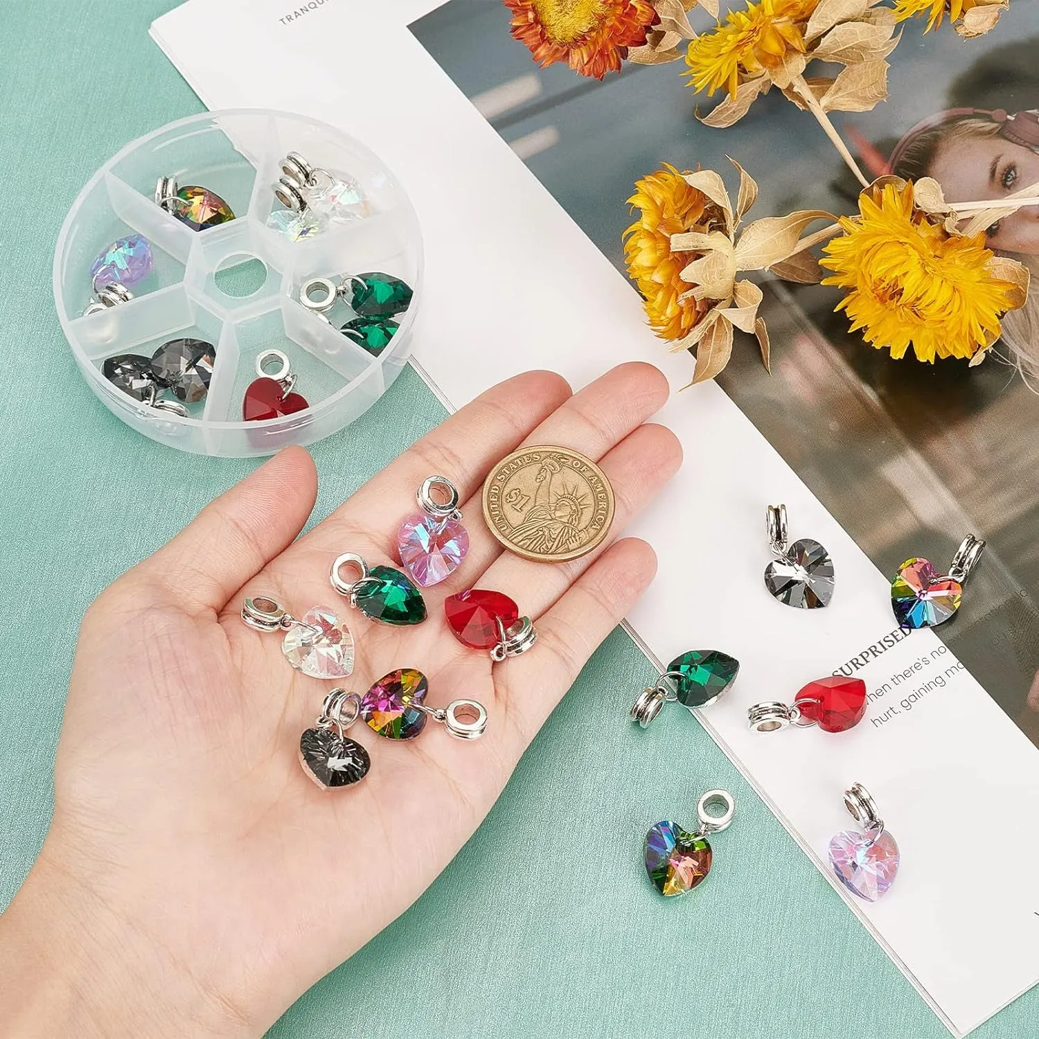 6 Colors Heart Glass Charms 30Pcs Faceted Heart Pendants Valentine Charms Crystal Dangle Charms with Bail Hanger Large Hole Beads for Wedding Mother Necklace Bracelets Making, Hole: 5Mm