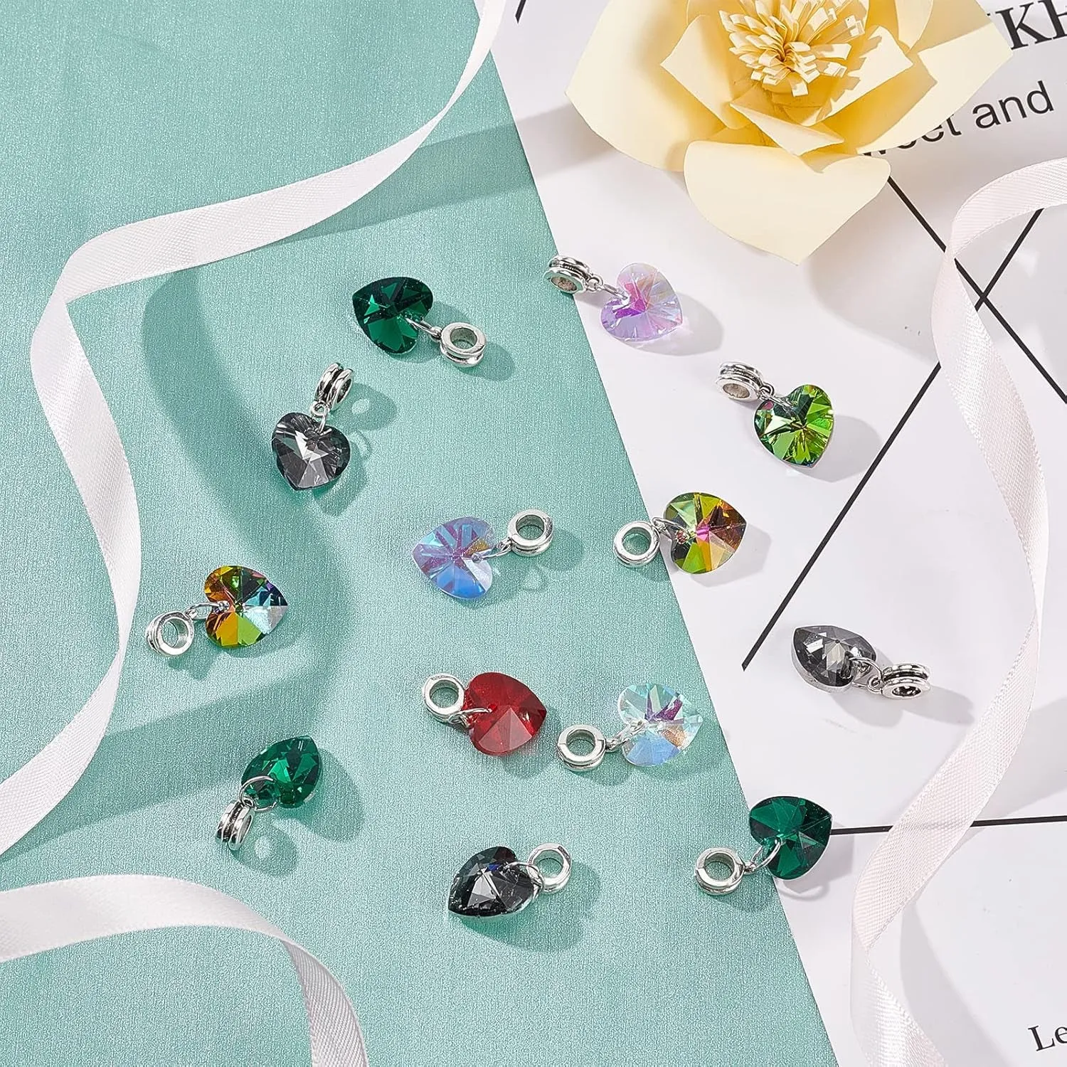 6 Colors Heart Glass Charms 30Pcs Faceted Heart Pendants Valentine Charms Crystal Dangle Charms with Bail Hanger Large Hole Beads for Wedding Mother Necklace Bracelets Making, Hole: 5Mm