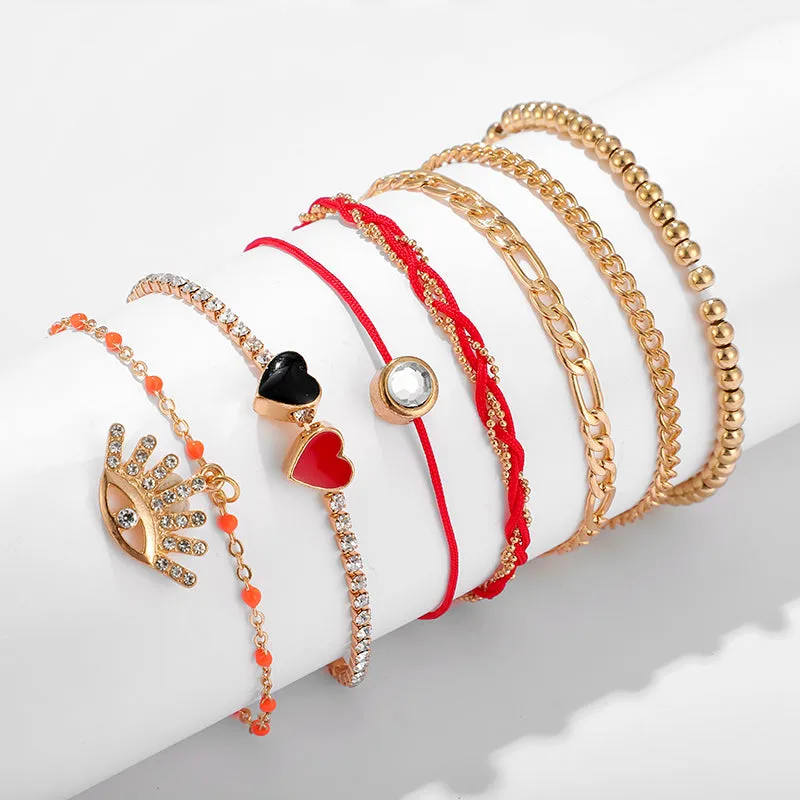 7Pcs/set Bohemian Turkey Eye Pendant Red Rope Anklets for Women