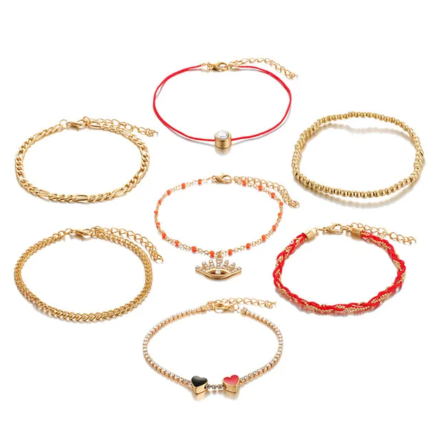 7Pcs/set Bohemian Turkey Eye Pendant Red Rope Anklets for Women