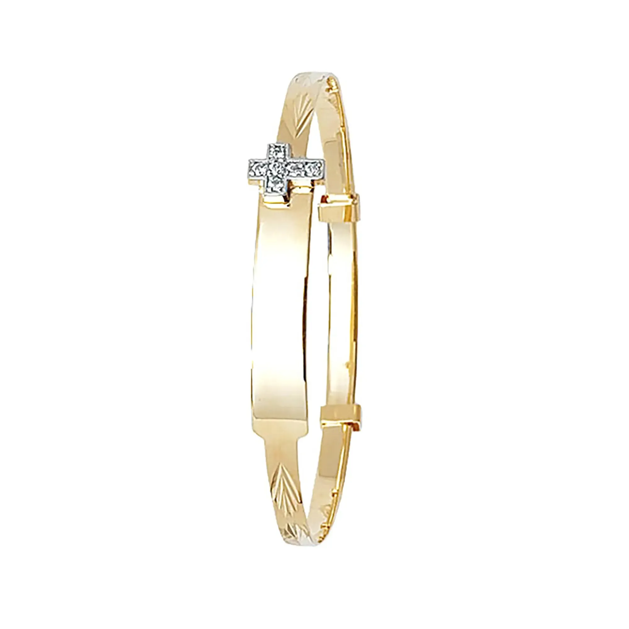 9ct Yellow Gold DC Babies Expandable Heart / Cross ID Bangles - 3mm | Shop Online Sarraf Jewellers UK