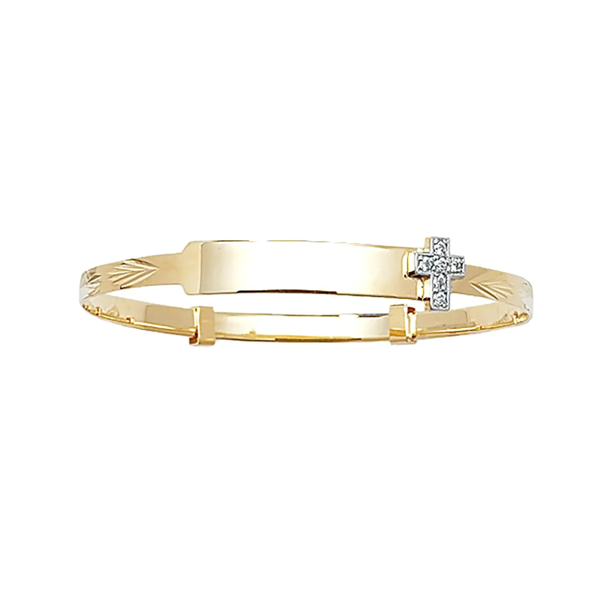 9ct Yellow Gold DC Babies Expandable Heart / Cross ID Bangles - 3mm | Shop Online Sarraf Jewellers UK