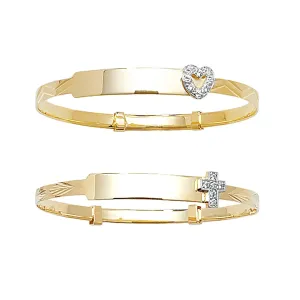 9ct Yellow Gold DC Babies Expandable Heart / Cross ID Bangles - 3mm | Shop Online Sarraf Jewellers UK