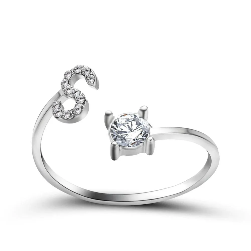 Adjustable A-Z Initial Letter with Rhinestone Personalized Ring