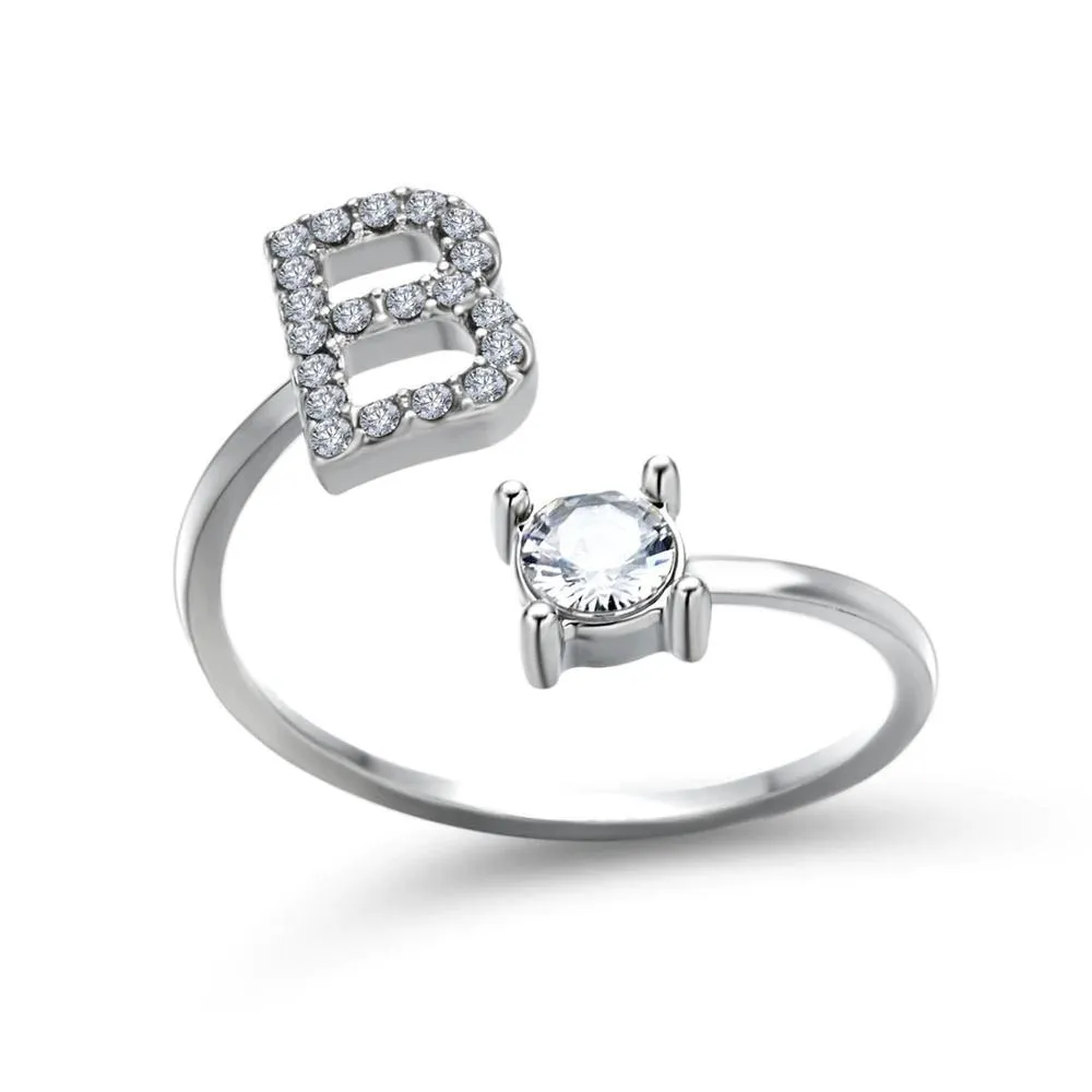 Adjustable A-Z Initial Letter with Rhinestone Personalized Ring