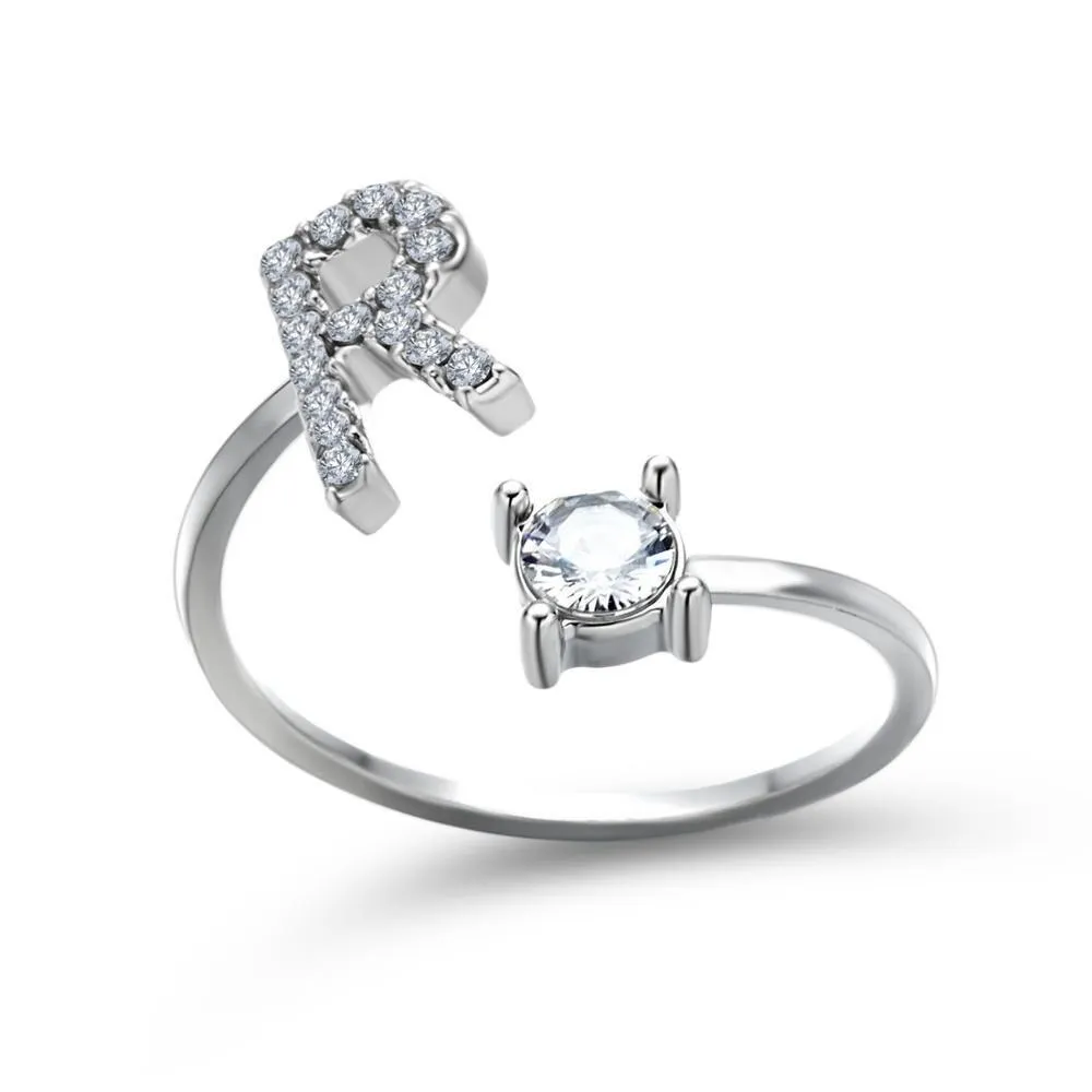 Adjustable A-Z Initial Letter with Rhinestone Personalized Ring