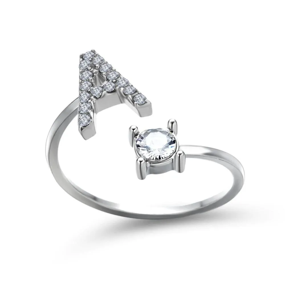 Adjustable A-Z Initial Letter with Rhinestone Personalized Ring