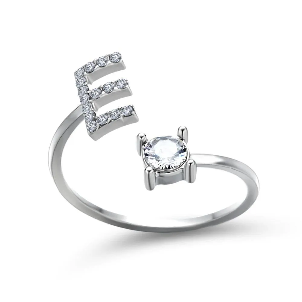 Adjustable A-Z Initial Letter with Rhinestone Personalized Ring