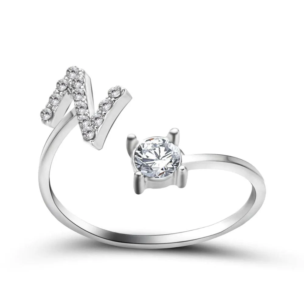 Adjustable A-Z Initial Letter with Rhinestone Personalized Ring