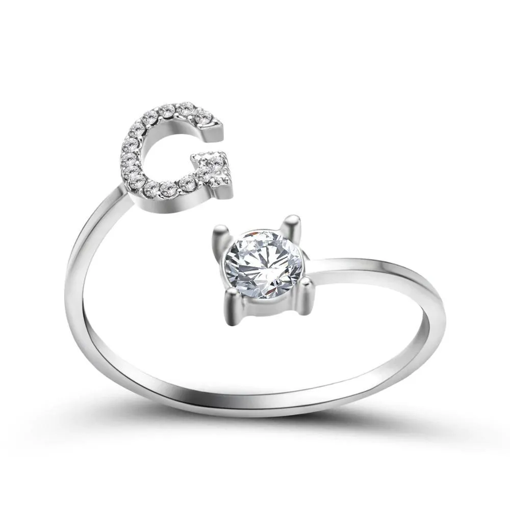 Adjustable A-Z Initial Letter with Rhinestone Personalized Ring