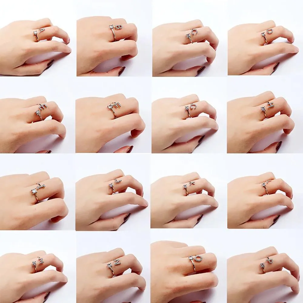 Adjustable A-Z Initial Letter with Rhinestone Personalized Ring