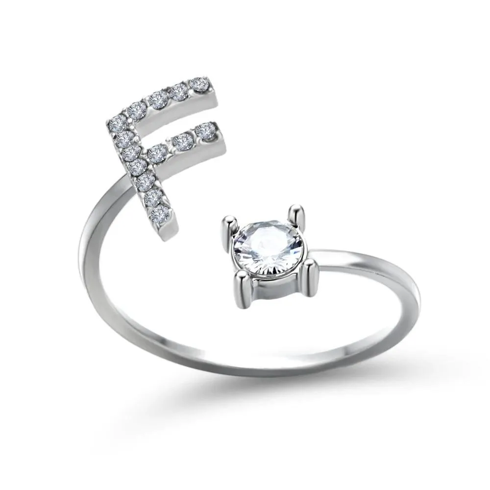 Adjustable A-Z Initial Letter with Rhinestone Personalized Ring