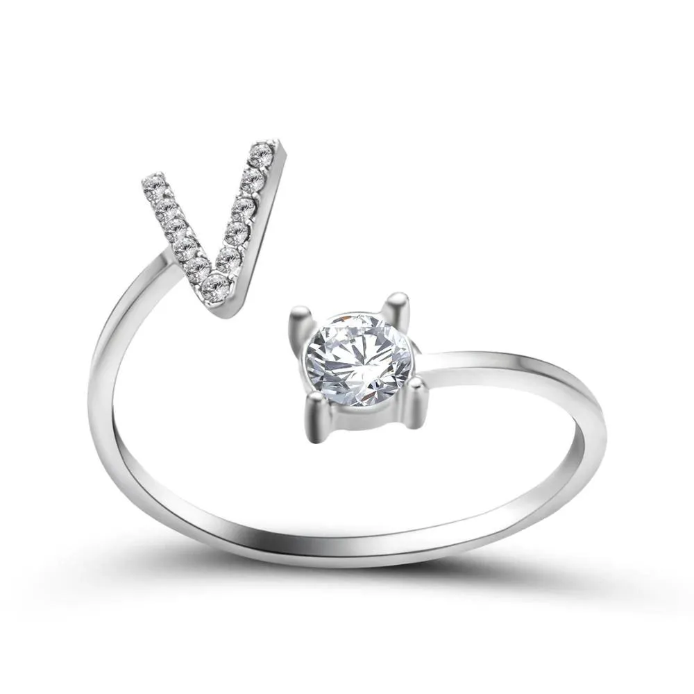 Adjustable A-Z Initial Letter with Rhinestone Personalized Ring