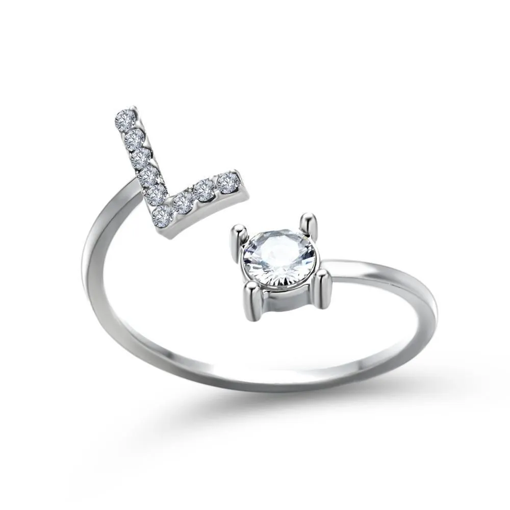 Adjustable A-Z Initial Letter with Rhinestone Personalized Ring