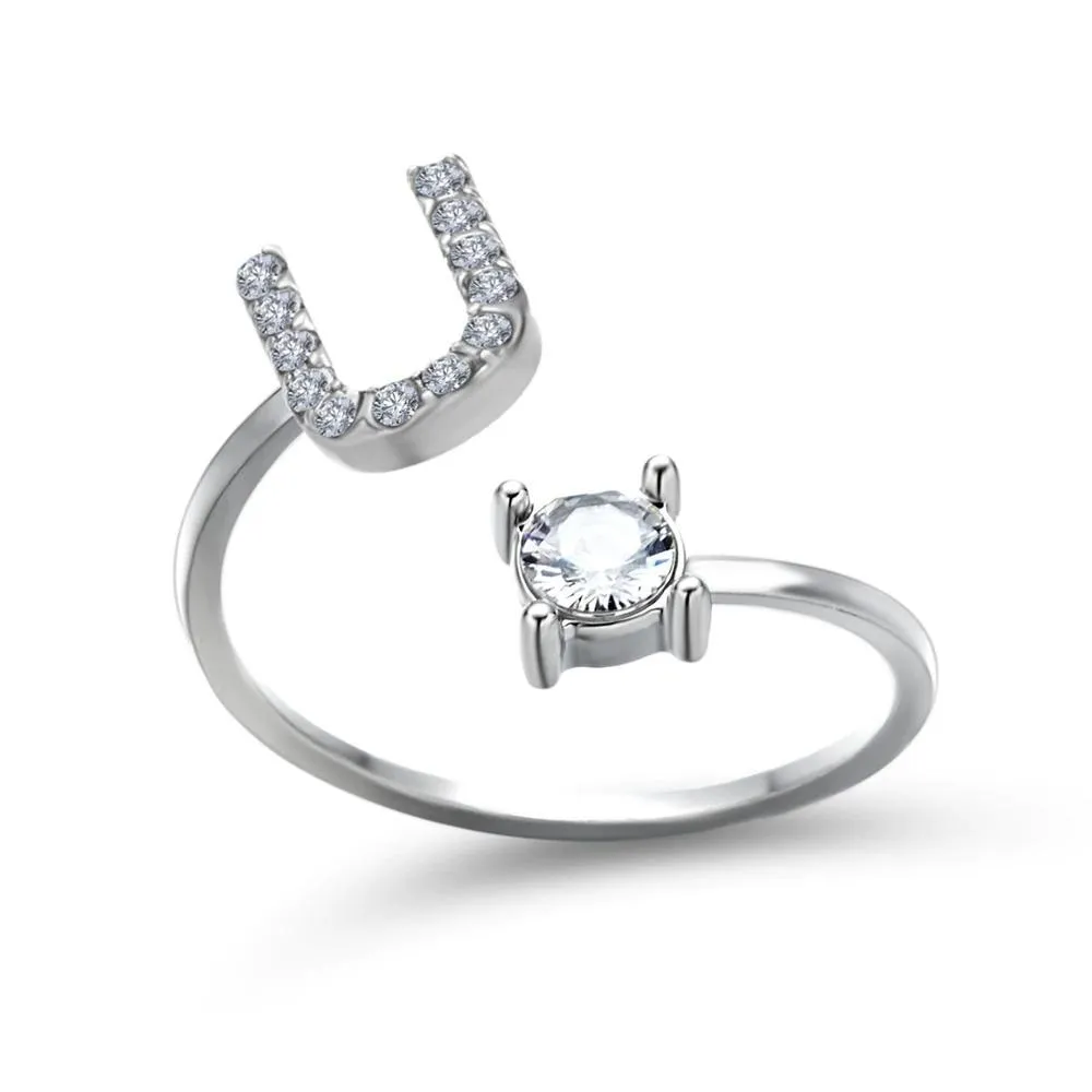 Adjustable A-Z Initial Letter with Rhinestone Personalized Ring