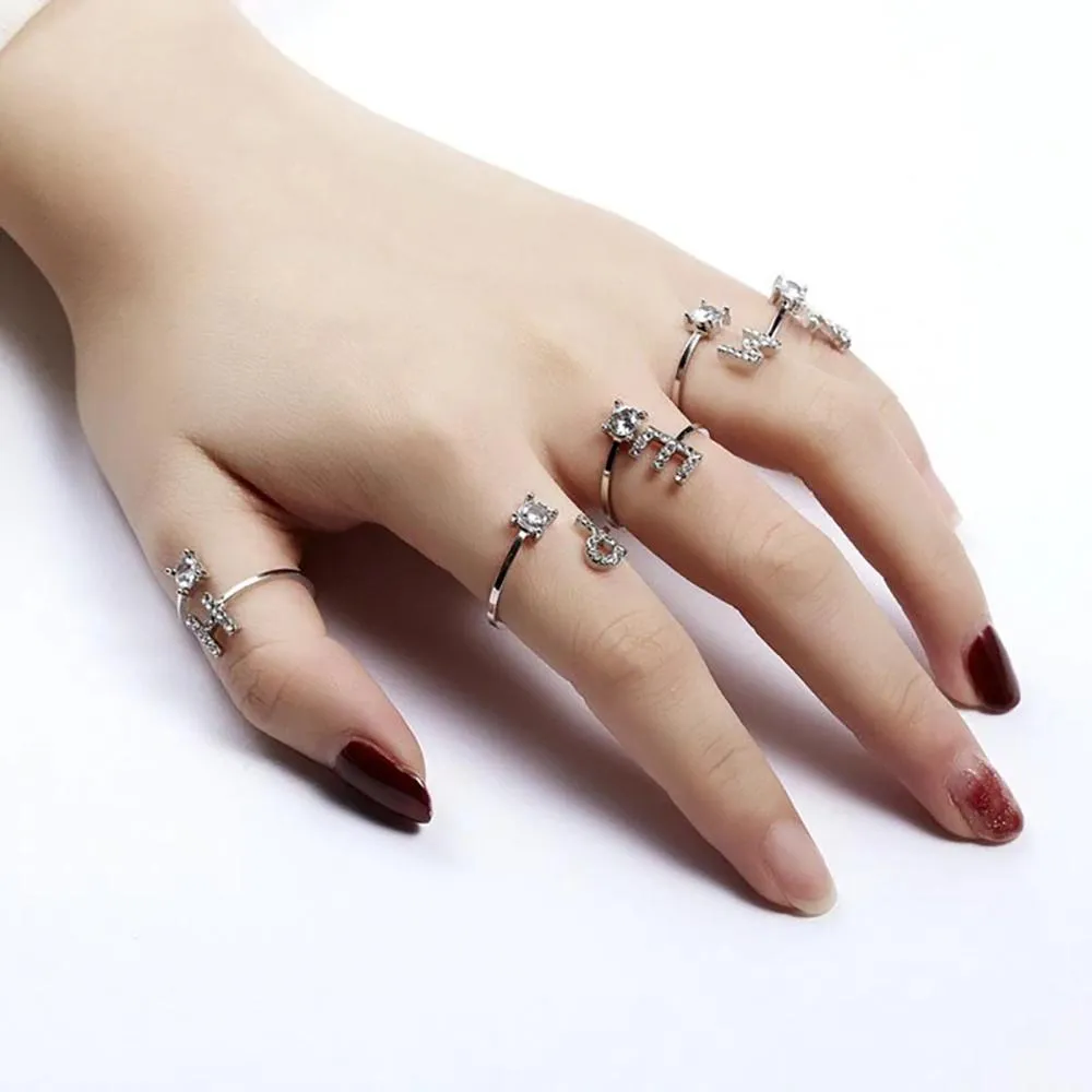 Adjustable A-Z Initial Letter with Rhinestone Personalized Ring