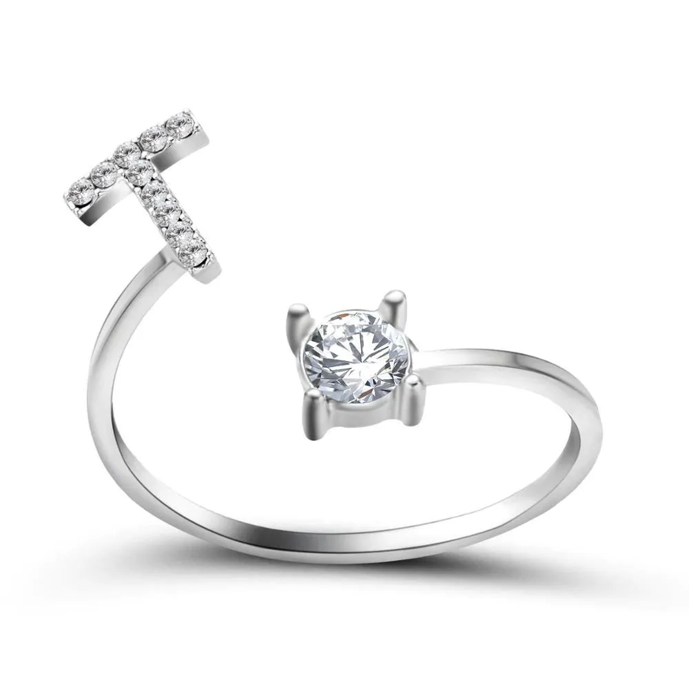 Adjustable A-Z Initial Letter with Rhinestone Personalized Ring