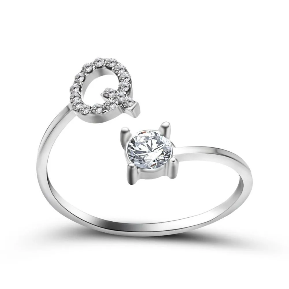 Adjustable A-Z Initial Letter with Rhinestone Personalized Ring