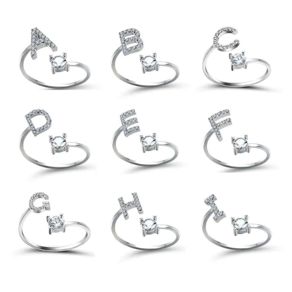 Adjustable A-Z Initial Letter with Rhinestone Personalized Ring
