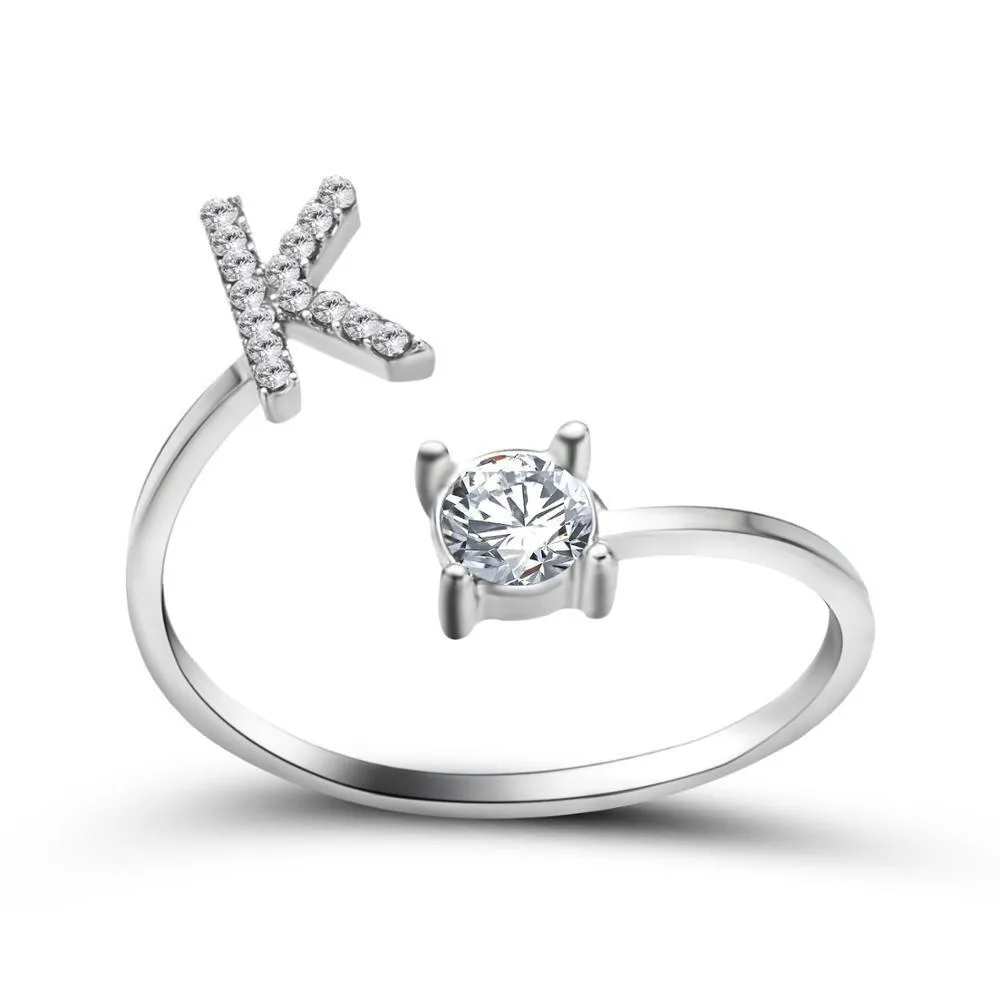 Adjustable A-Z Initial Letter with Rhinestone Personalized Ring