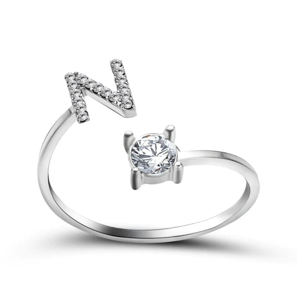 Adjustable A-Z Initial Letter with Rhinestone Personalized Ring