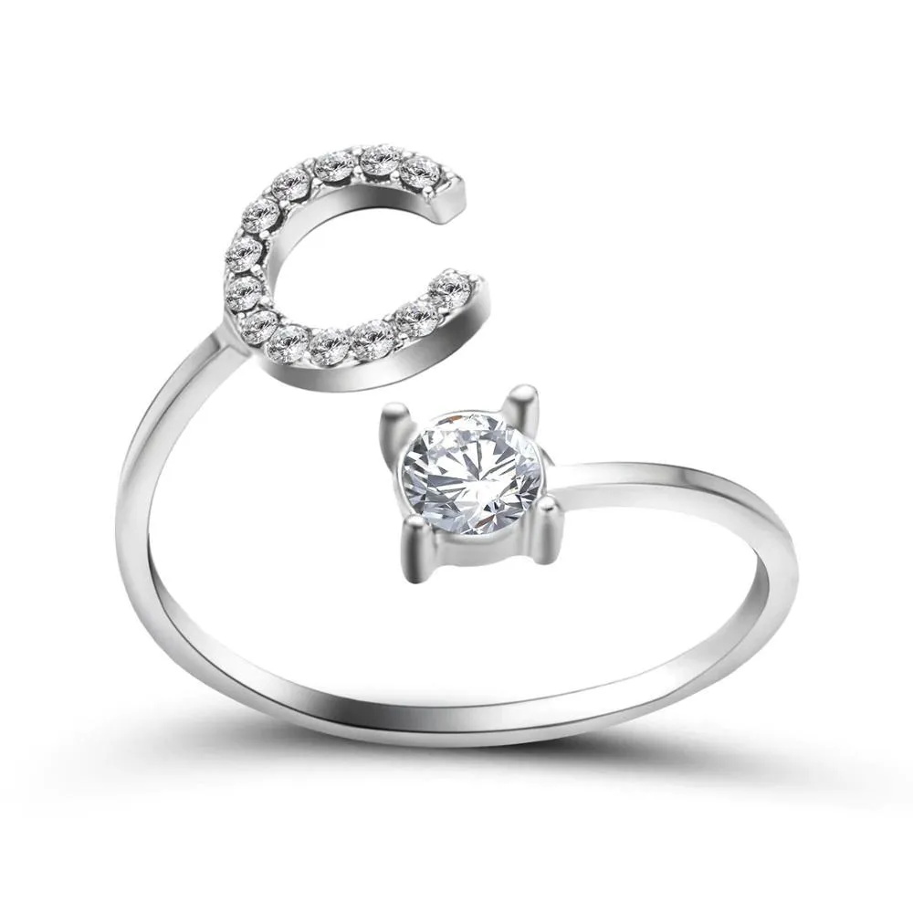 Adjustable A-Z Initial Letter with Rhinestone Personalized Ring