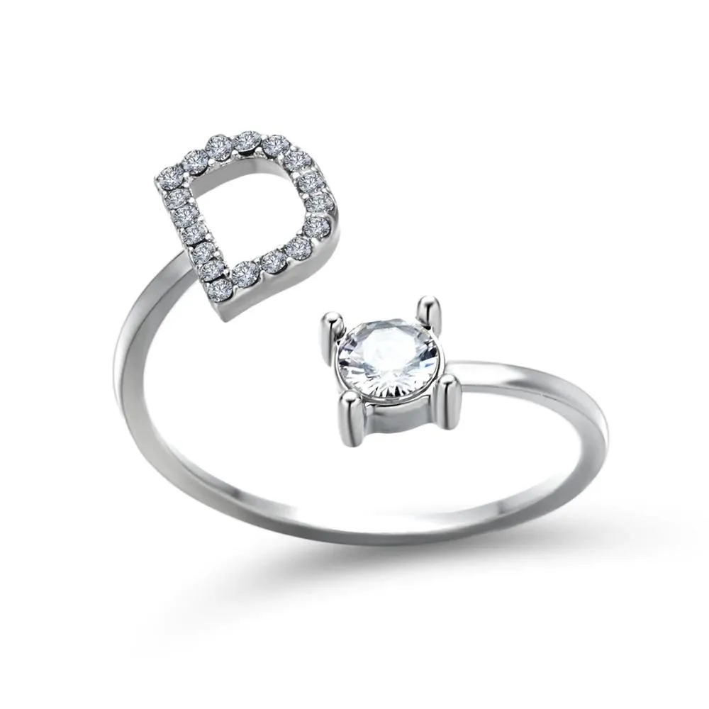 Adjustable A-Z Initial Letter with Rhinestone Personalized Ring
