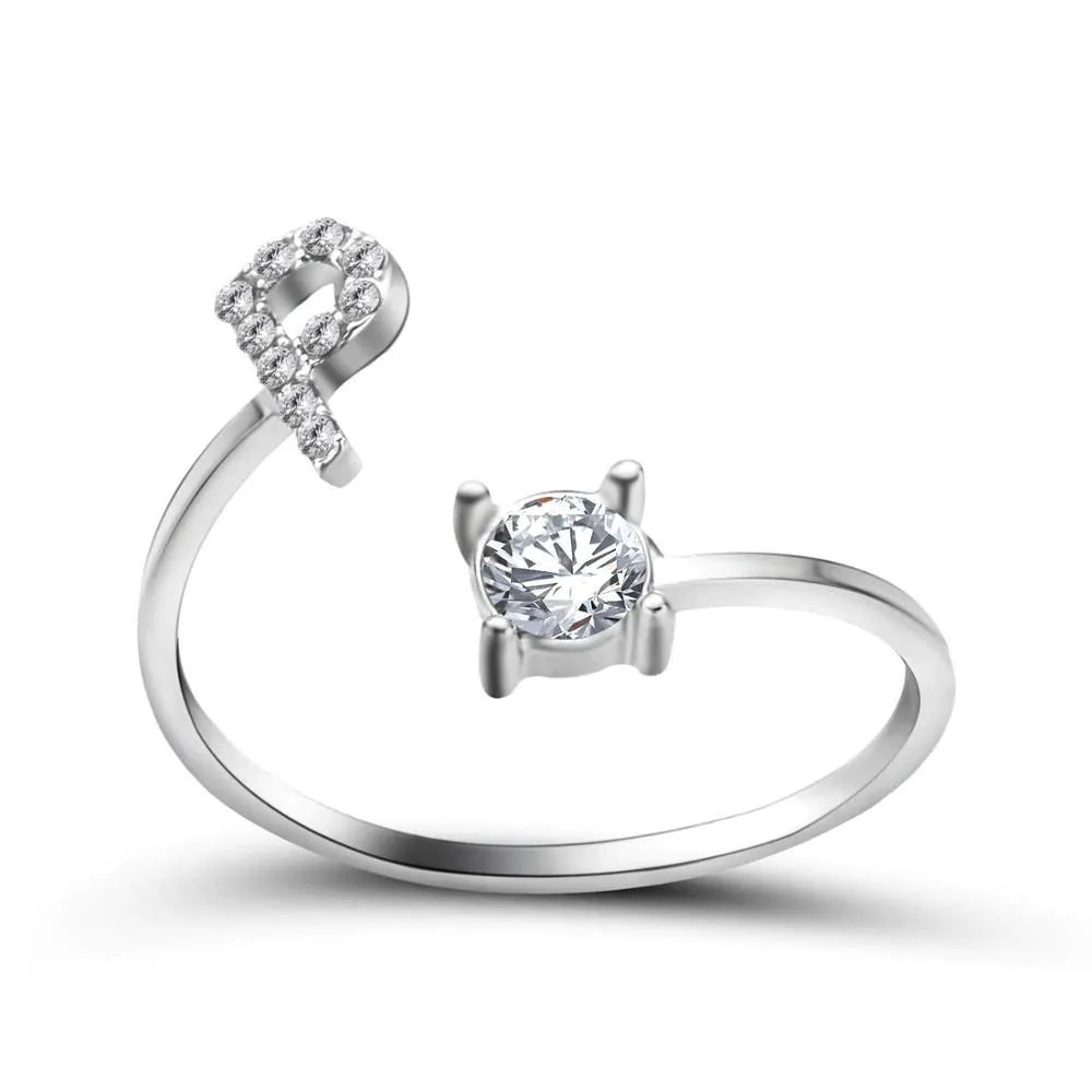 Adjustable A-Z Initial Letter with Rhinestone Personalized Ring