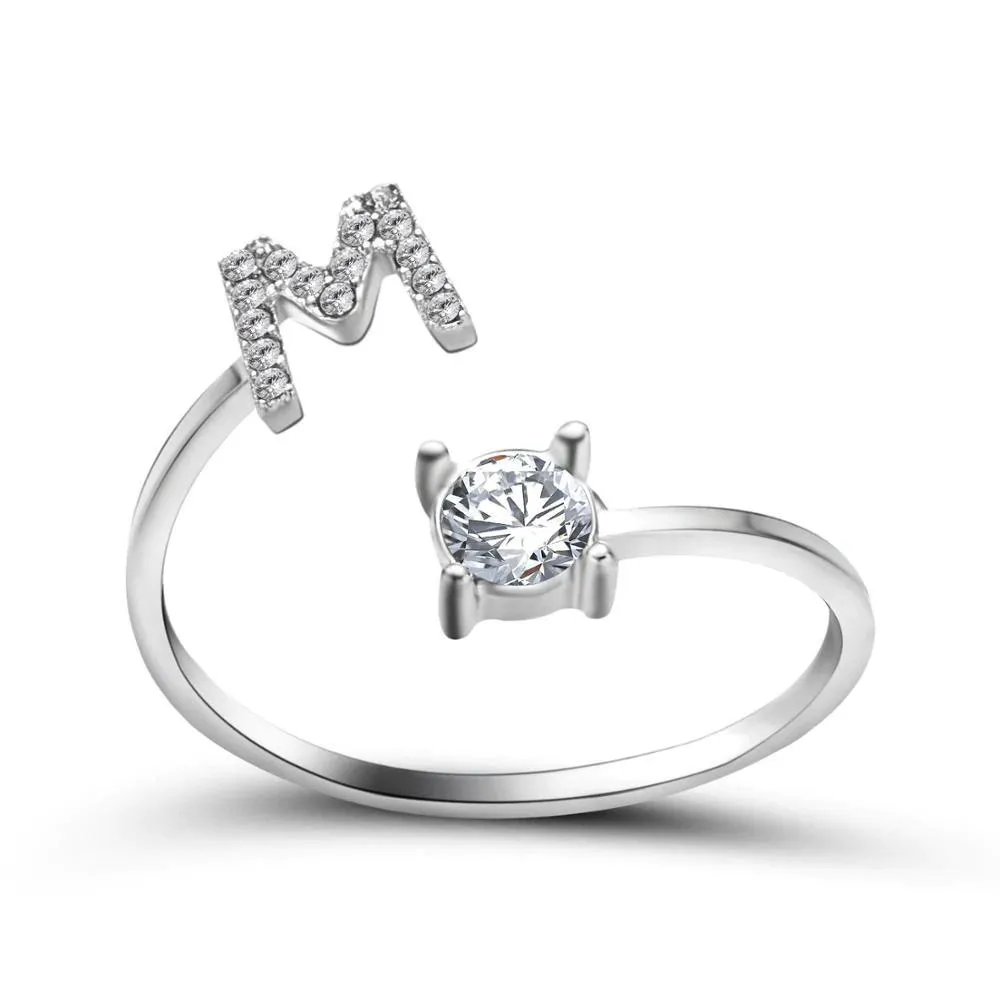 Adjustable A-Z Initial Letter with Rhinestone Personalized Ring