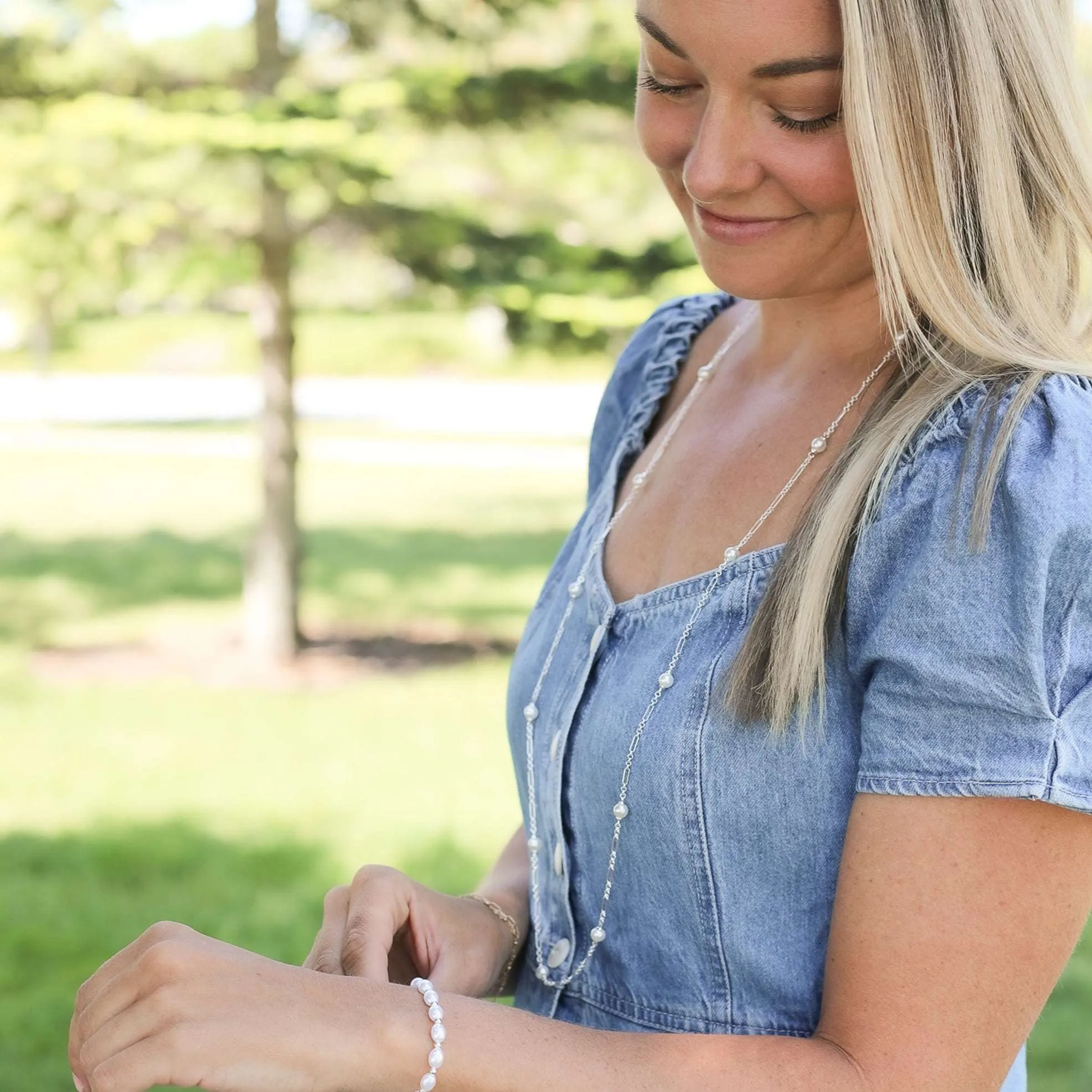 Adorned Pearl Station Necklace in Silver